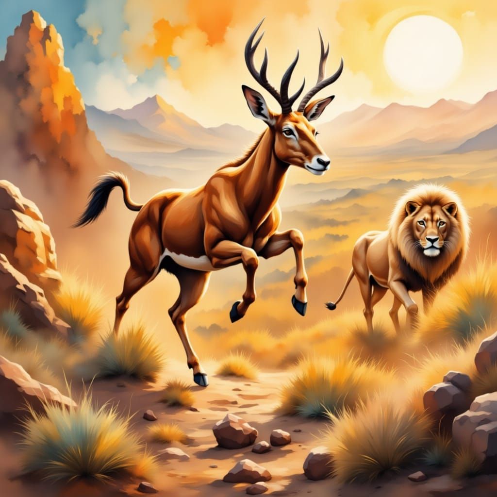Realistic Digital Painting of Leaping Gazelle Chased by Lion...