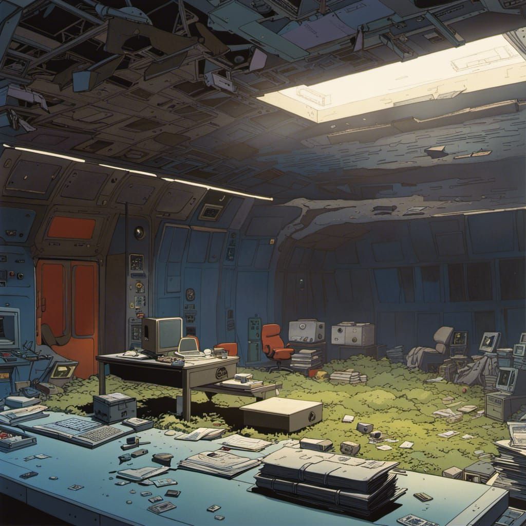 Abandoned Sci-Fi Bunker Interior in Ligne Claire Style