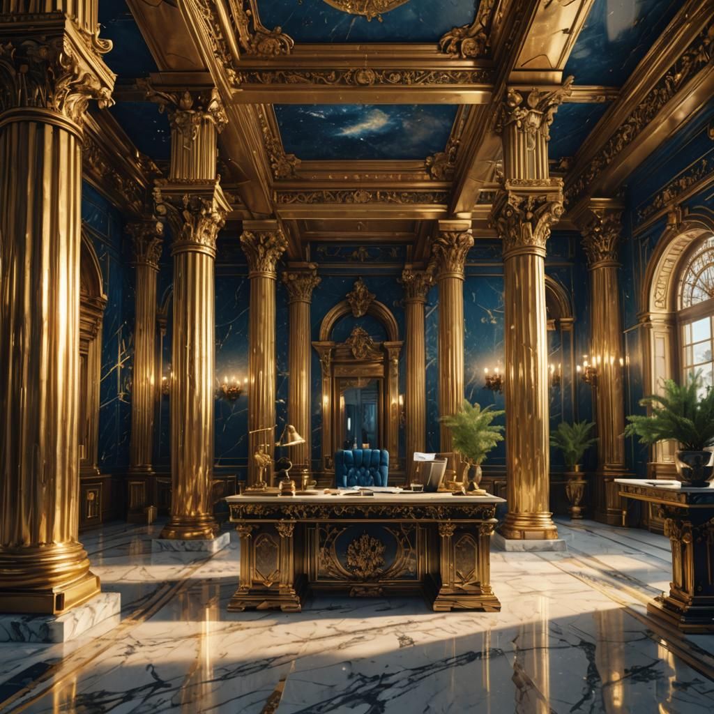 Ornate Desk in Opulent Fantasy Room, Digital Art