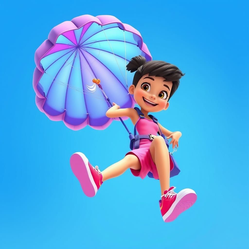 Girl Skydiving with Parachute in Nickelodeon CGI Style