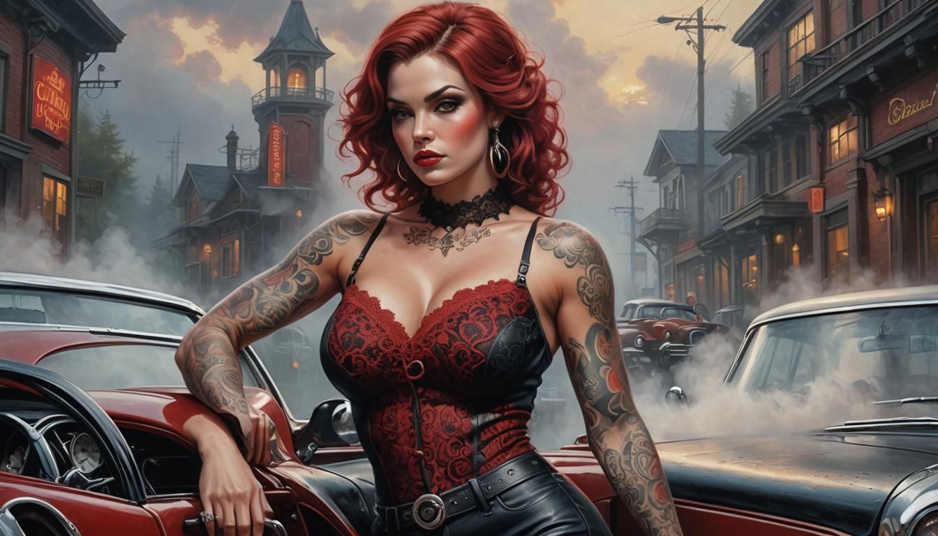 Woman in Lace Leans on Hot Rod, Fantasy Portrait