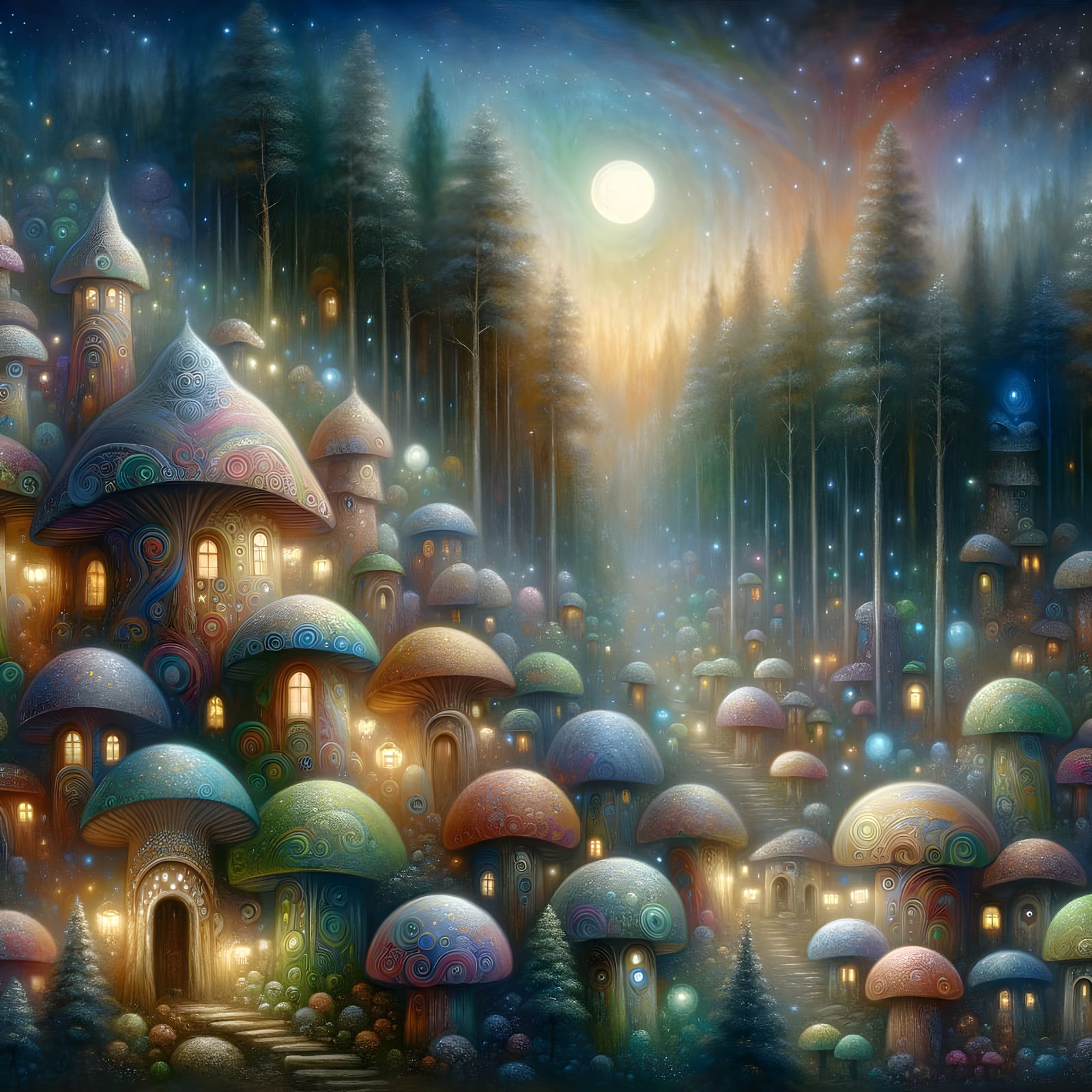 Ornate Mushroom Village Bathed in Full Moon Glow