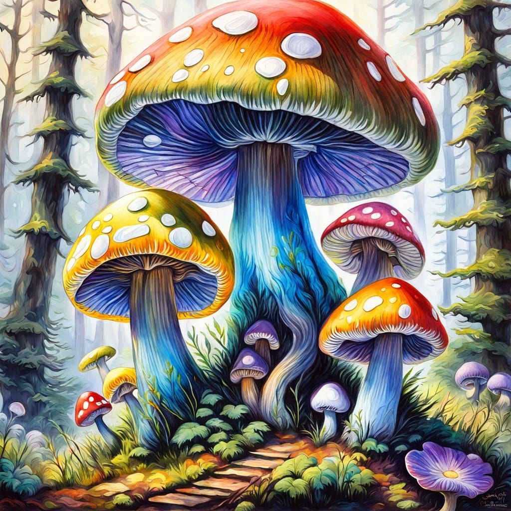 Enchanted Forest Mushroom, Impressionist Gouache Style