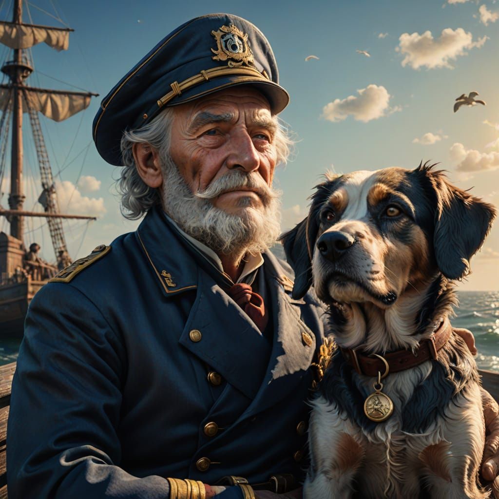 Elderly Sea Captain with Dog in Detailed Matte Painting