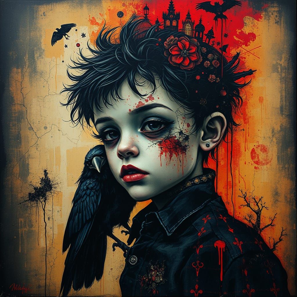 Emotional Portrait of Boy with Crow in Surreal Style