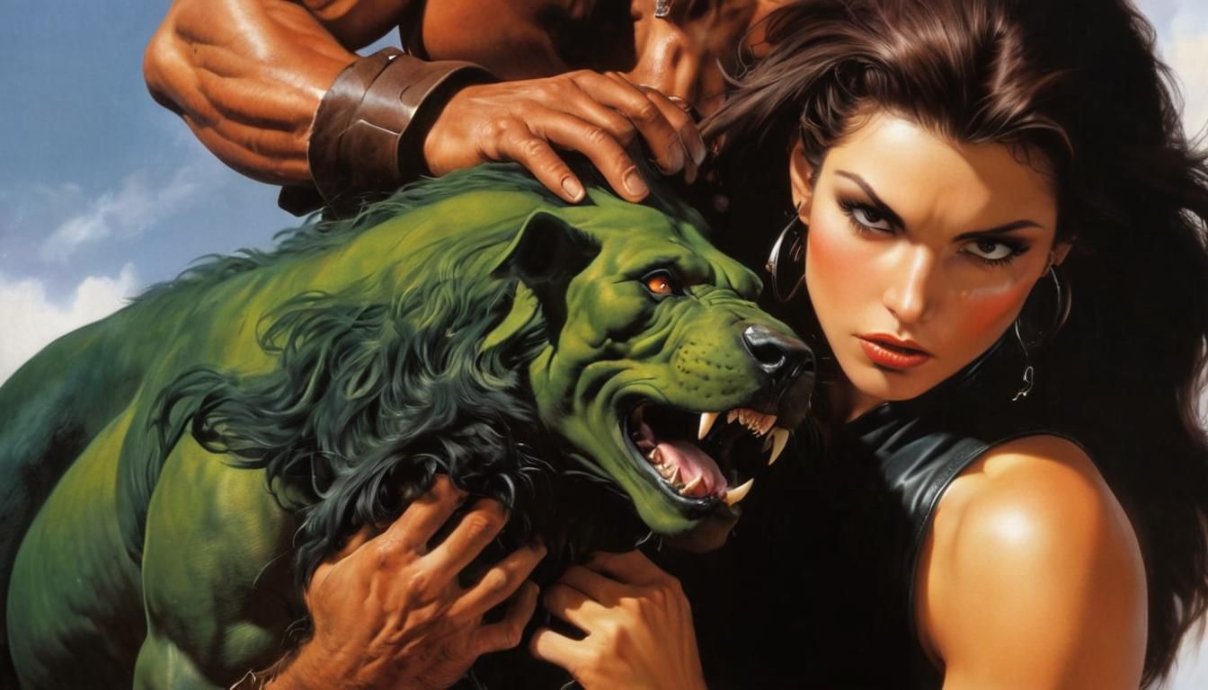 Heroic Rescue: Muscled Heroine Saves Man from Beast