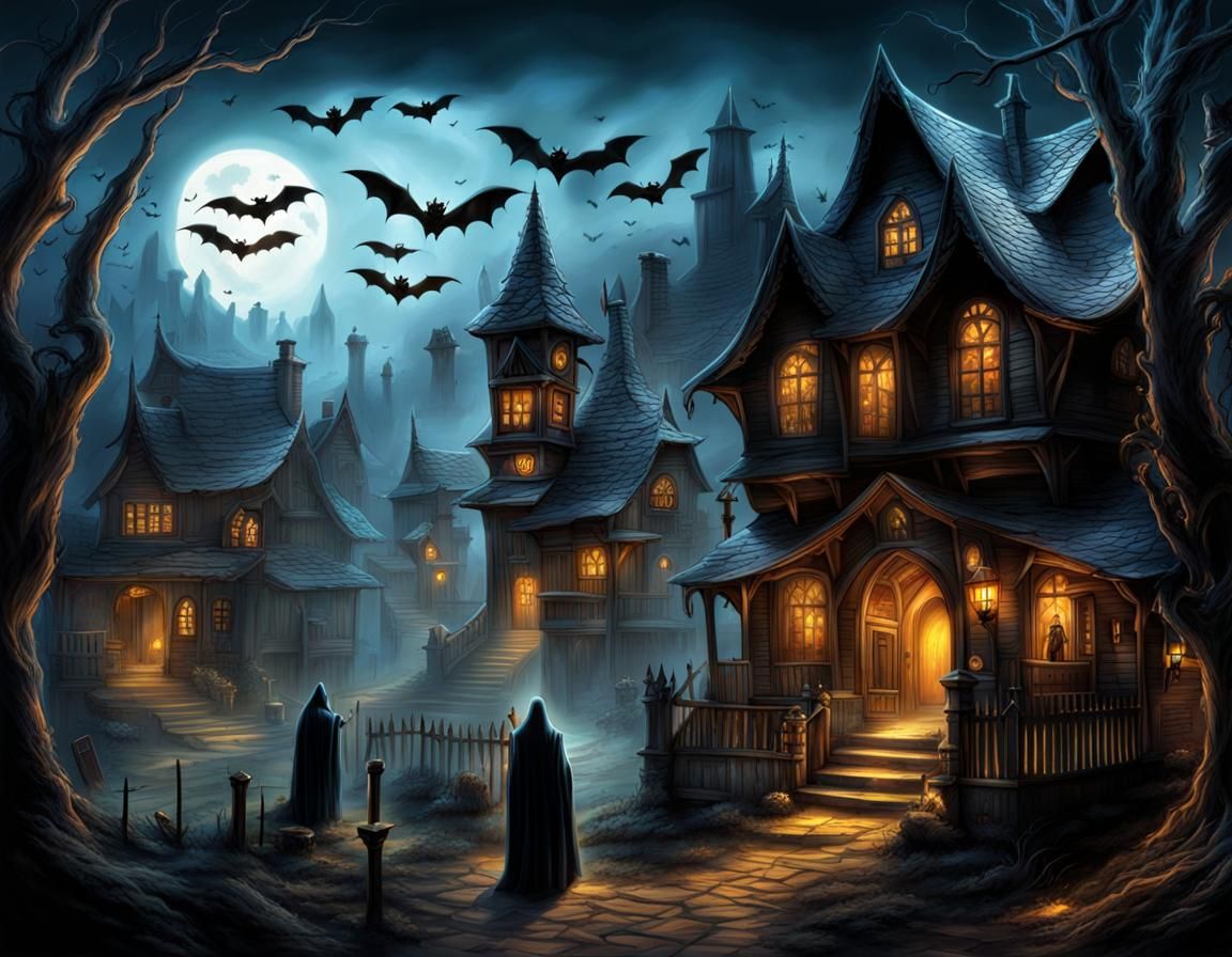 Fantasy Haunted Village with Ghost in Joe Fenton Style