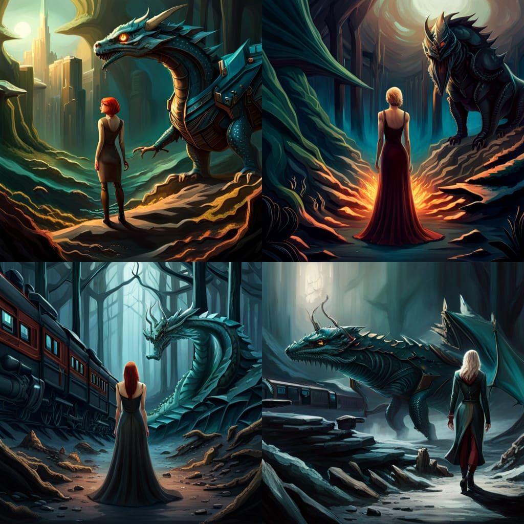 female standing in a dark and terrifying forest in front of hyperdetailed sci-fi train looking off to the left