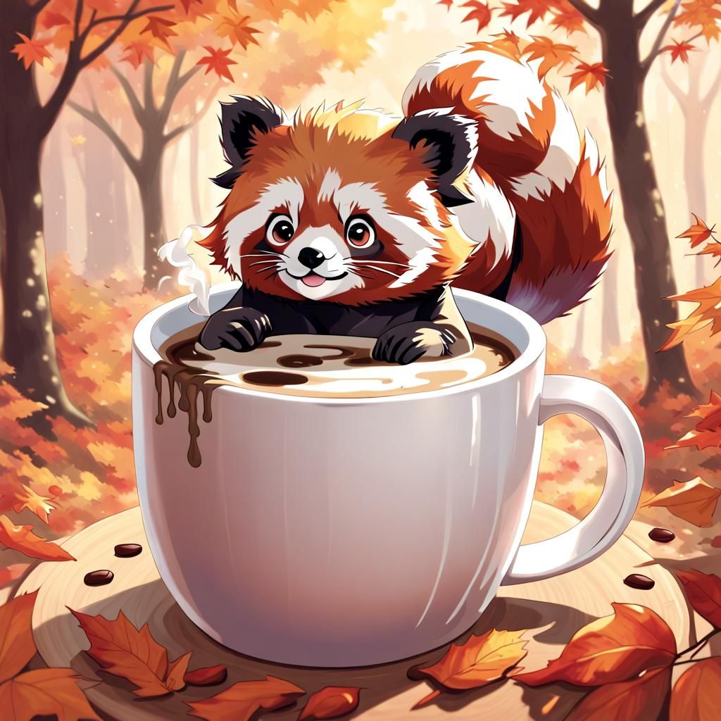 Red Panda Sipping Coffee: Anime-Inspired Fall Scene
