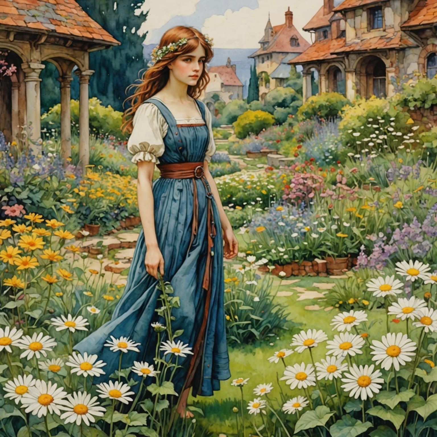 Watercolor Daisies in Garden Inspired by Anime