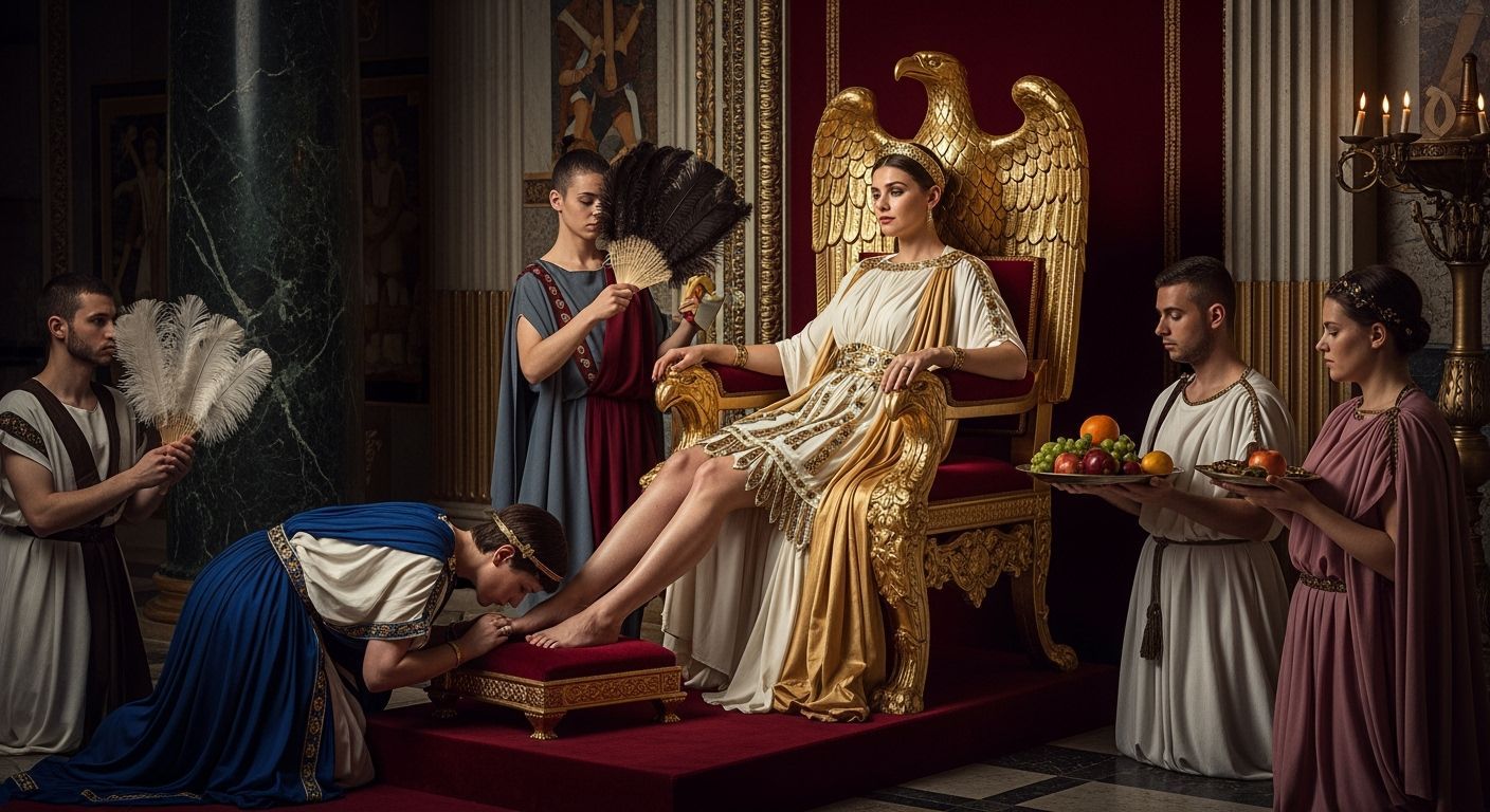 Roman Empress on Eagle Throne in Opulent Palace