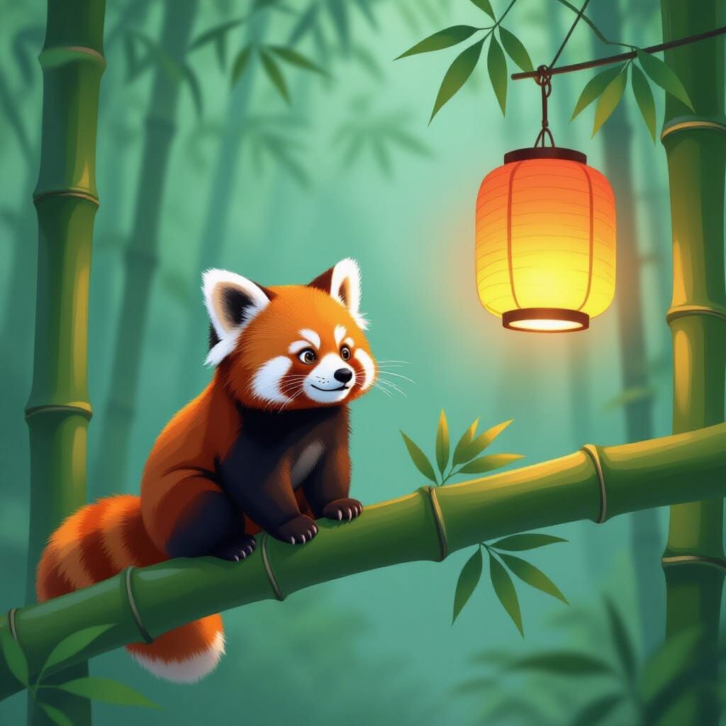 Red Panda on Bamboo with Floating Lantern, Painterly Anime S...