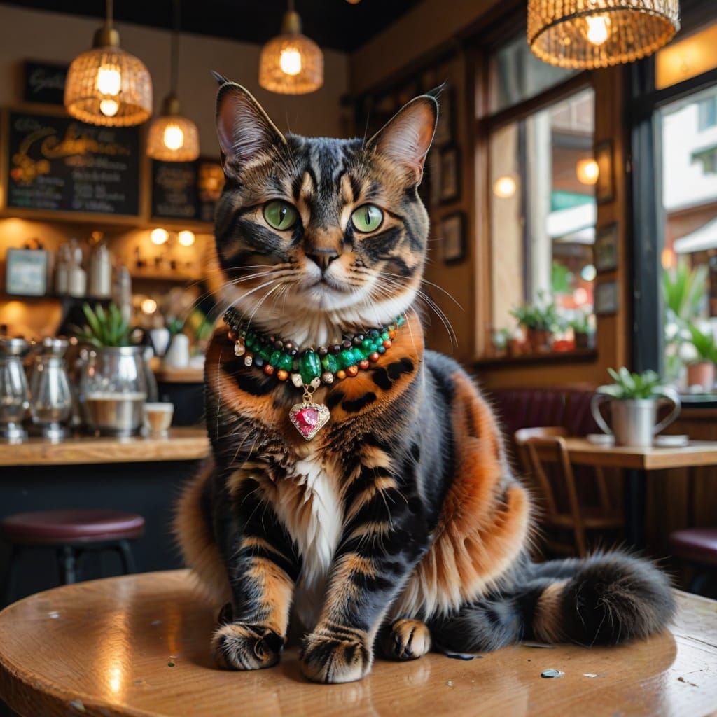 Vibrant Tortoiseshell Cat Surrounded by Jewels in Cozy Cafe