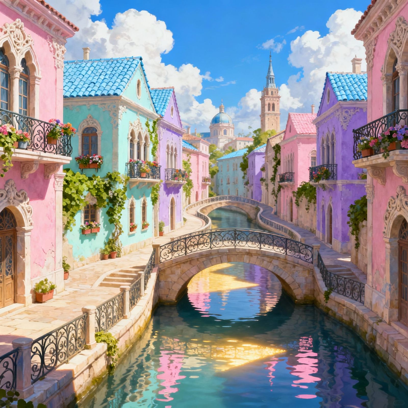 Fantasy City Illustration With Canals and Pastel Walls