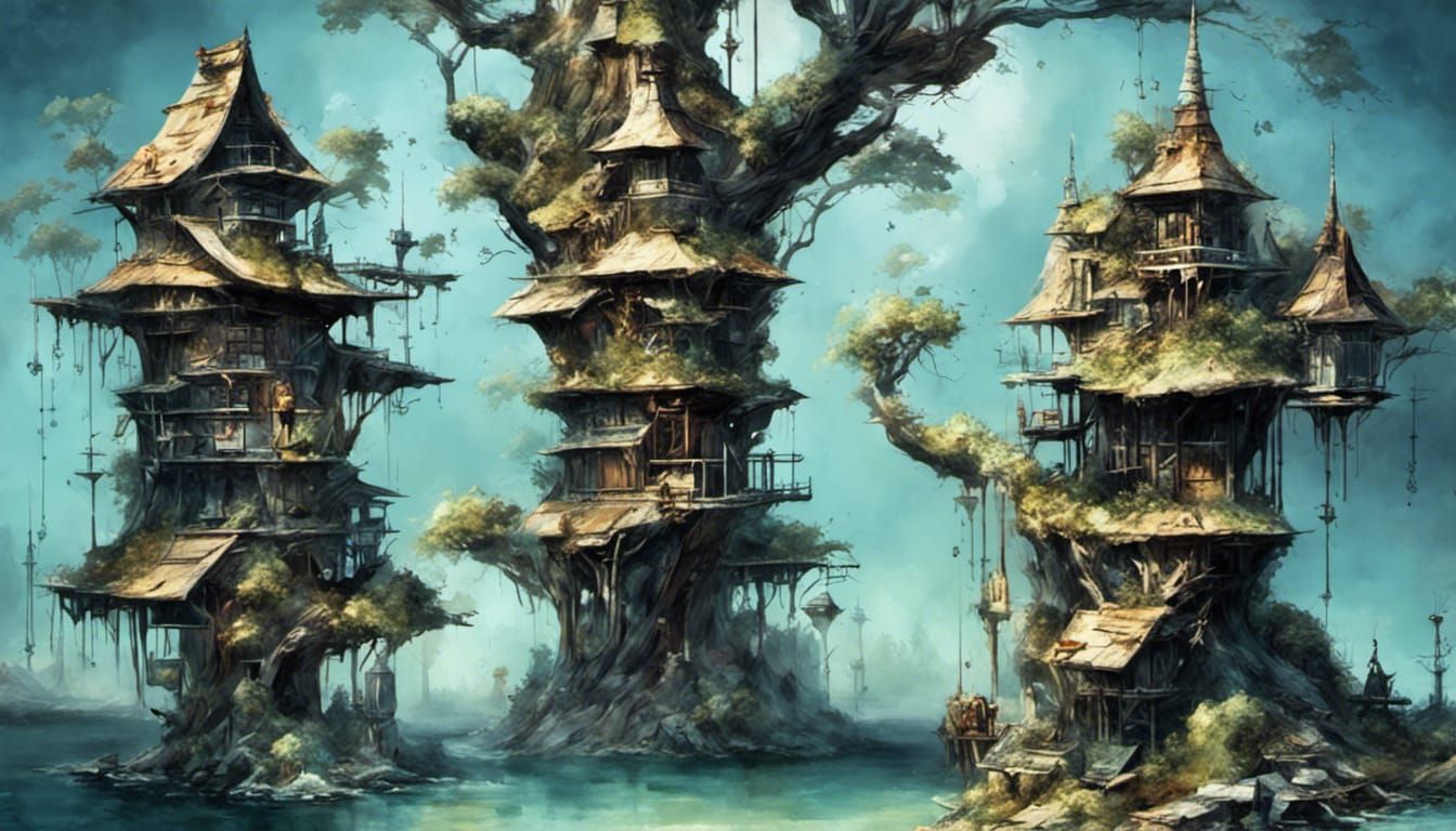 Clockpunk Bonsai Village Under Starry Sky