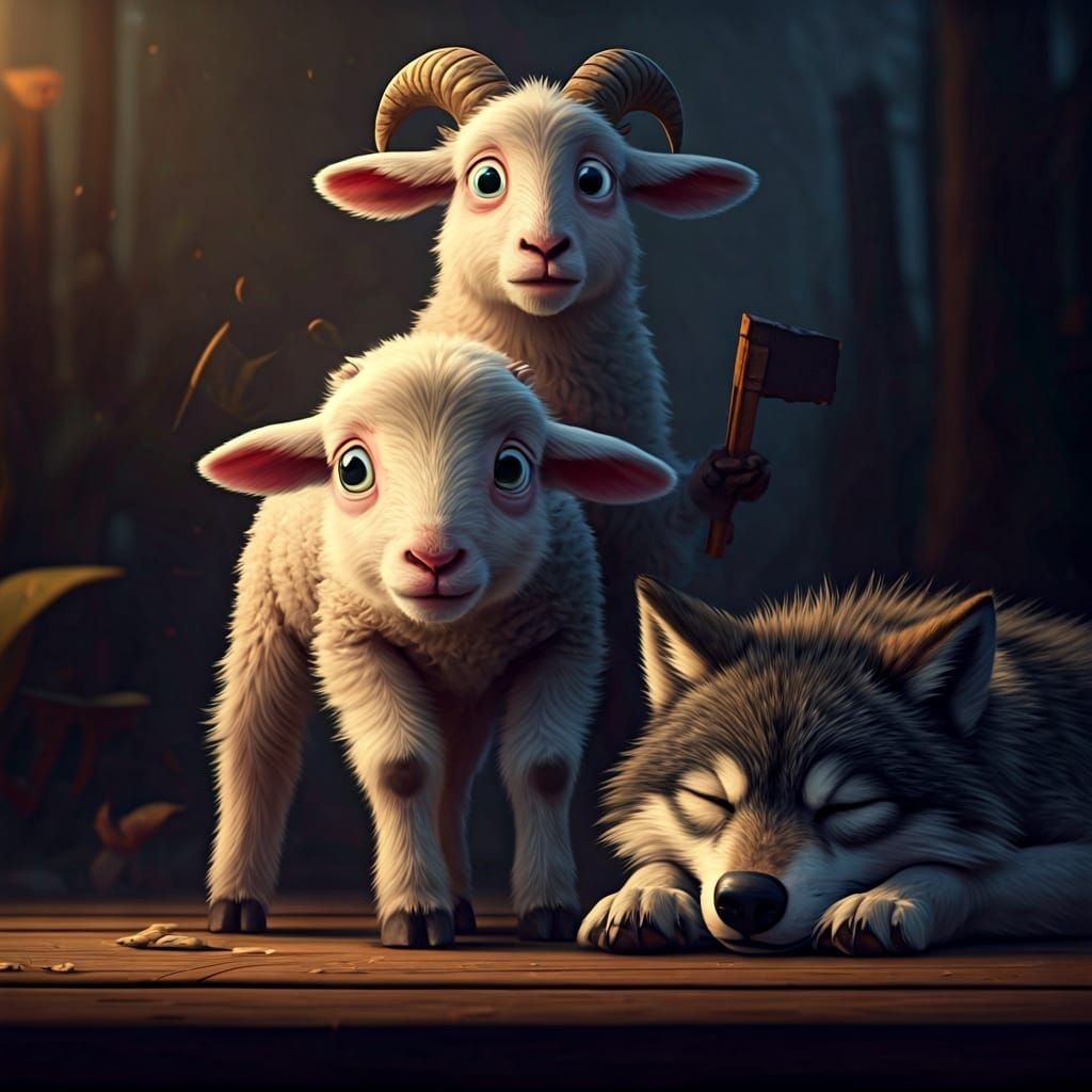 Hypernervous Lamb with Wolf: Digital Illustration