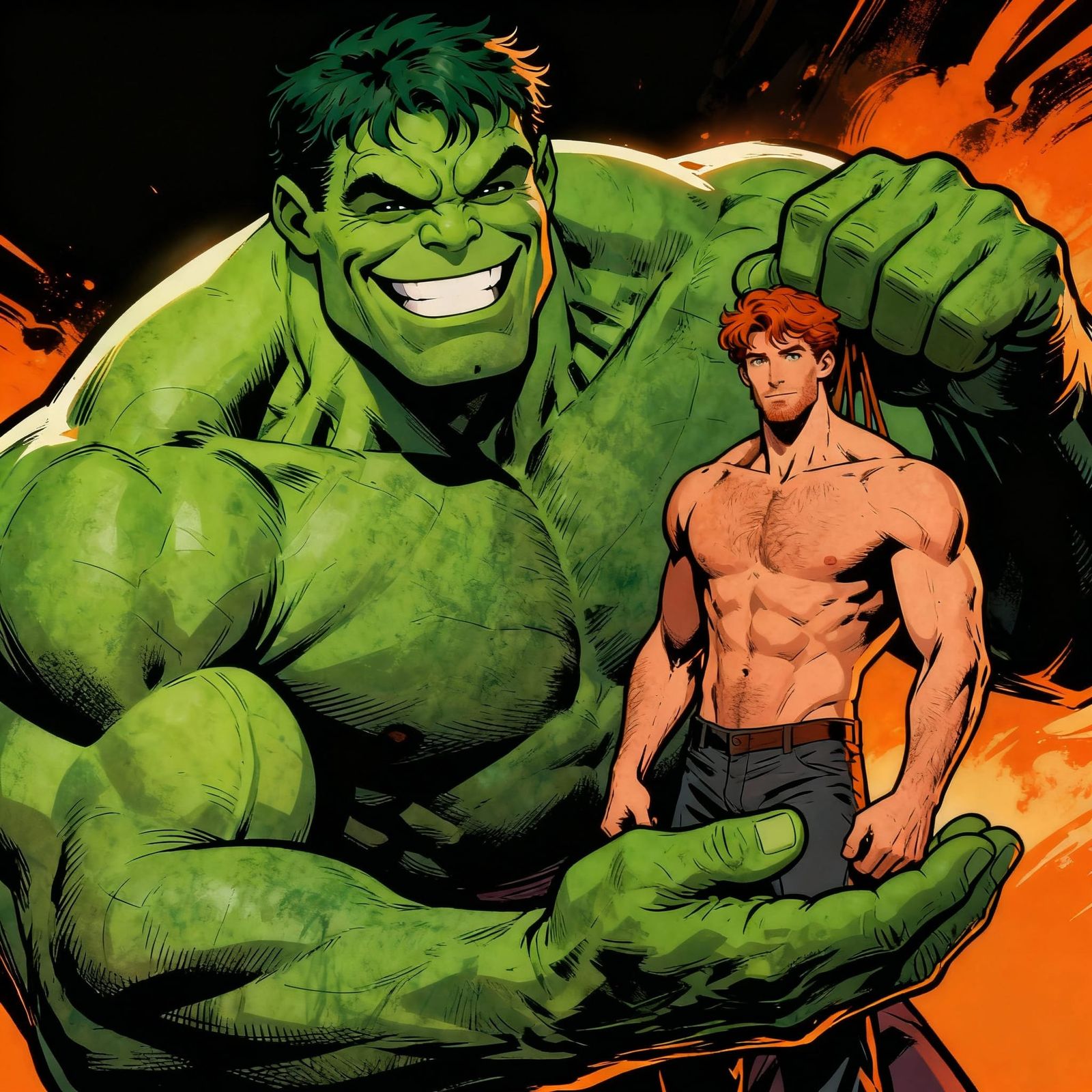 Jolly Green Giant Lifts Muscular Man in Comic Style