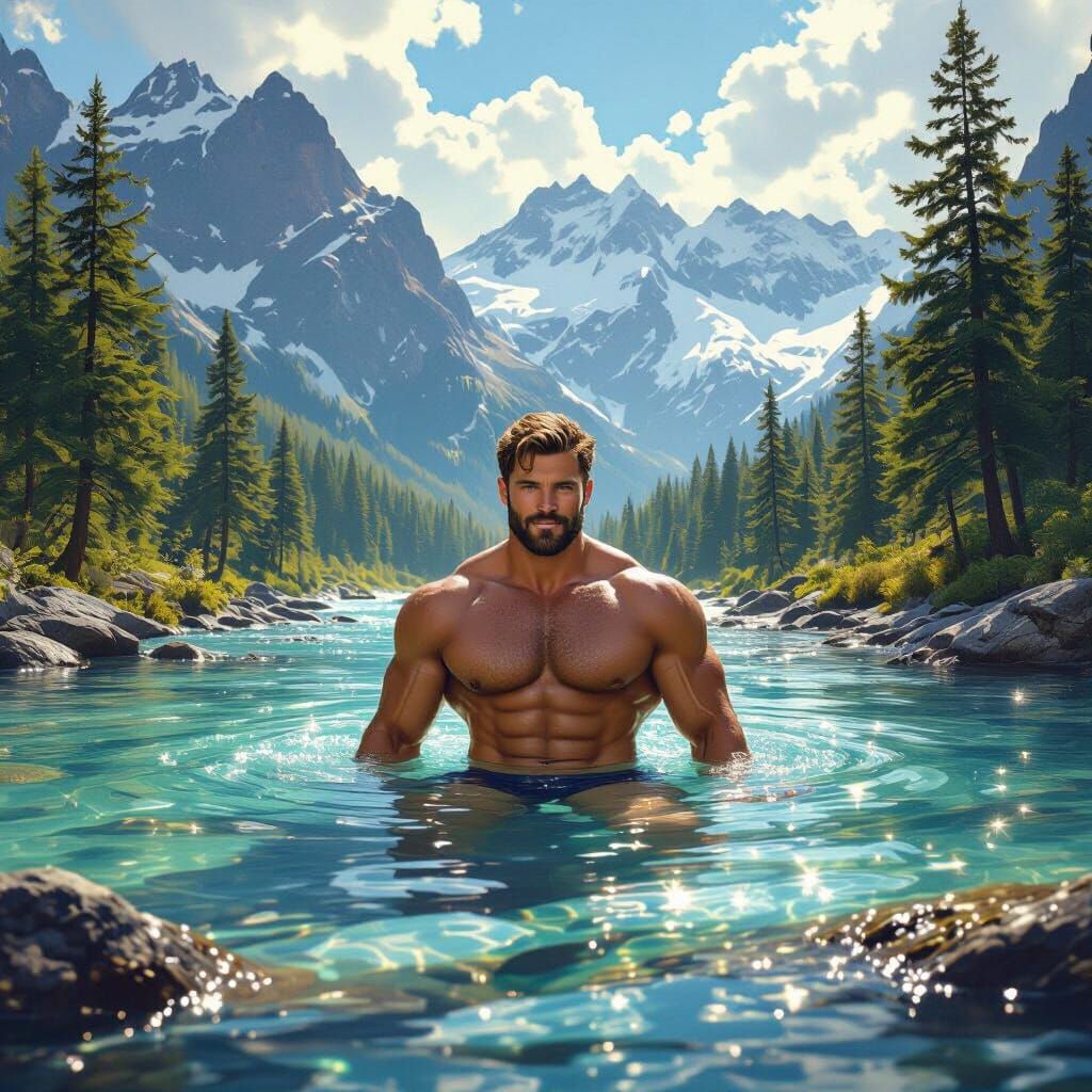 Hyperrealistic Muscle Man in Mountain River