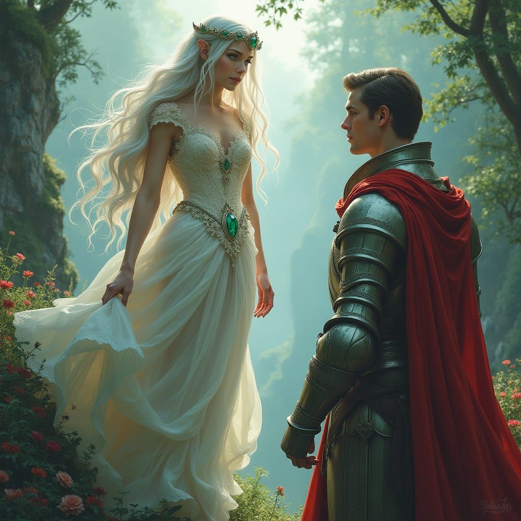 Regal Maiden in Elegant Gown, Surrounded by Lush Forest and....