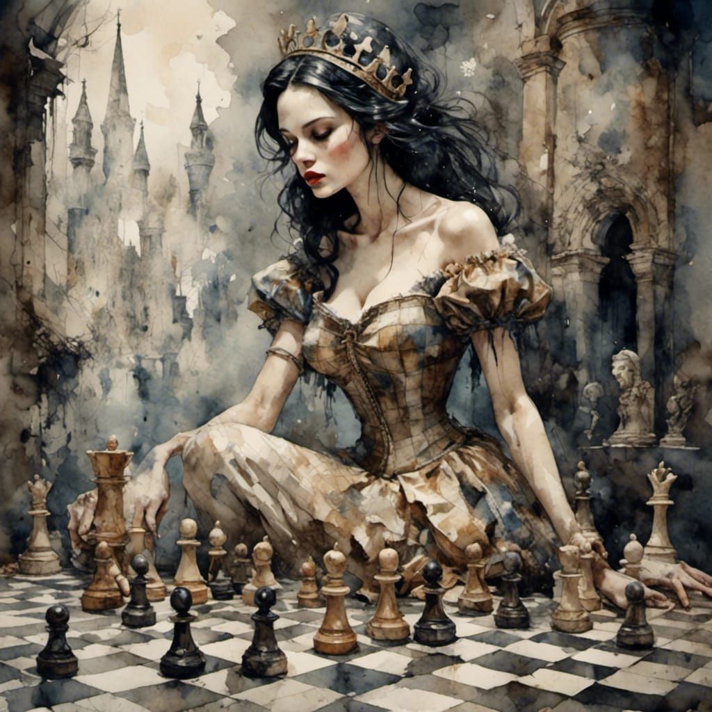 Snow White Chess Set in Antique Watercolor Style