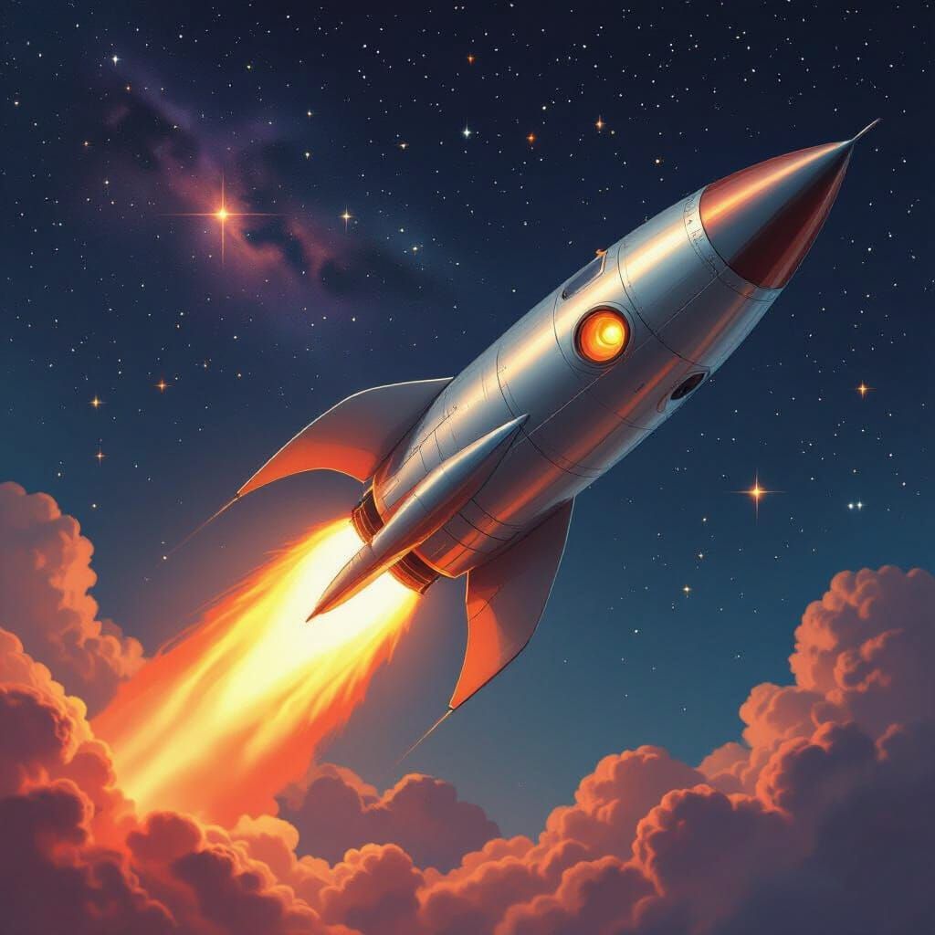 Retro Rocket Blasts Off Into Starry Night Sky