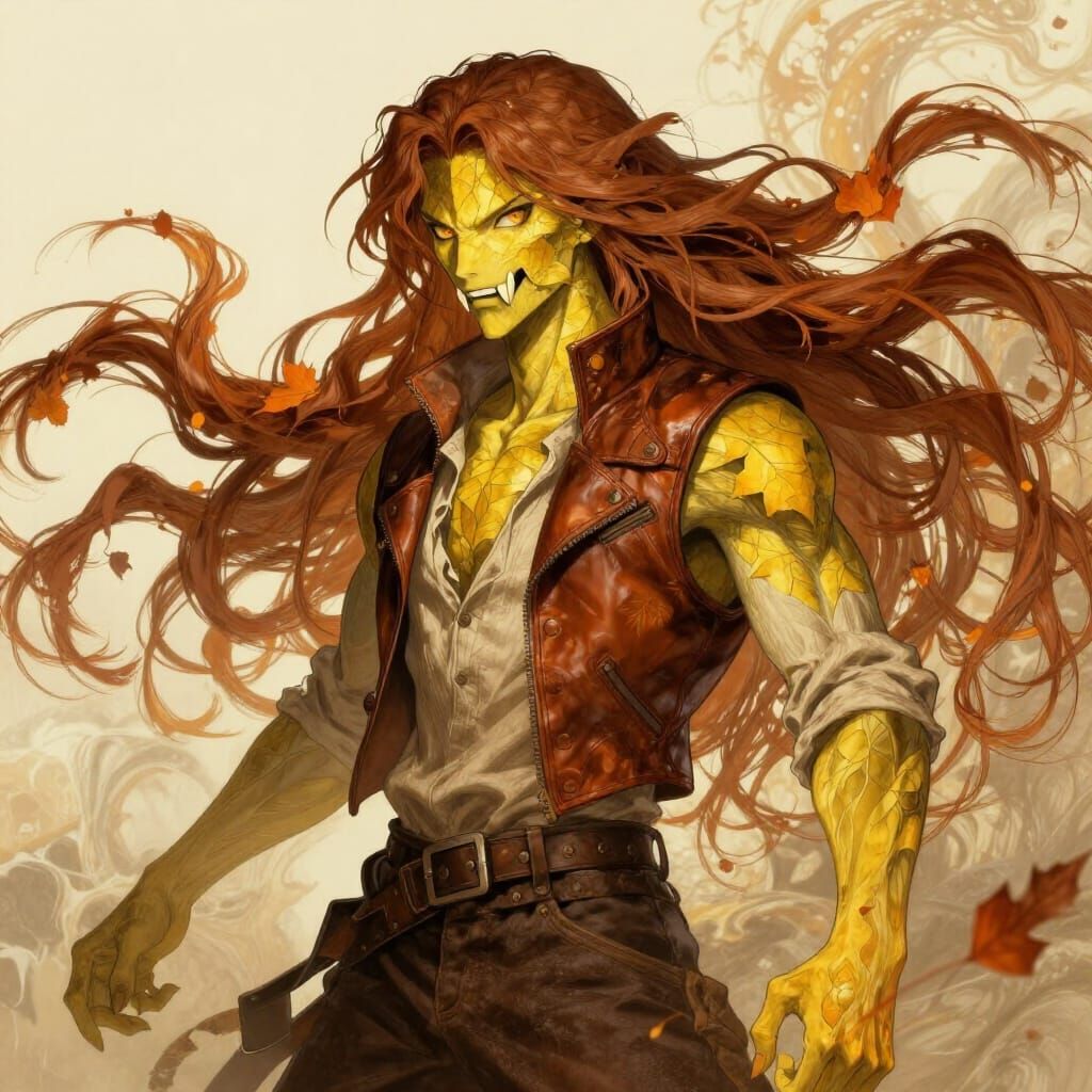 Ethereal, otherworldly being with leaf-yellow skin, and an angular, wide jawline.
 His long, rich cinnamon brown hair ca...
