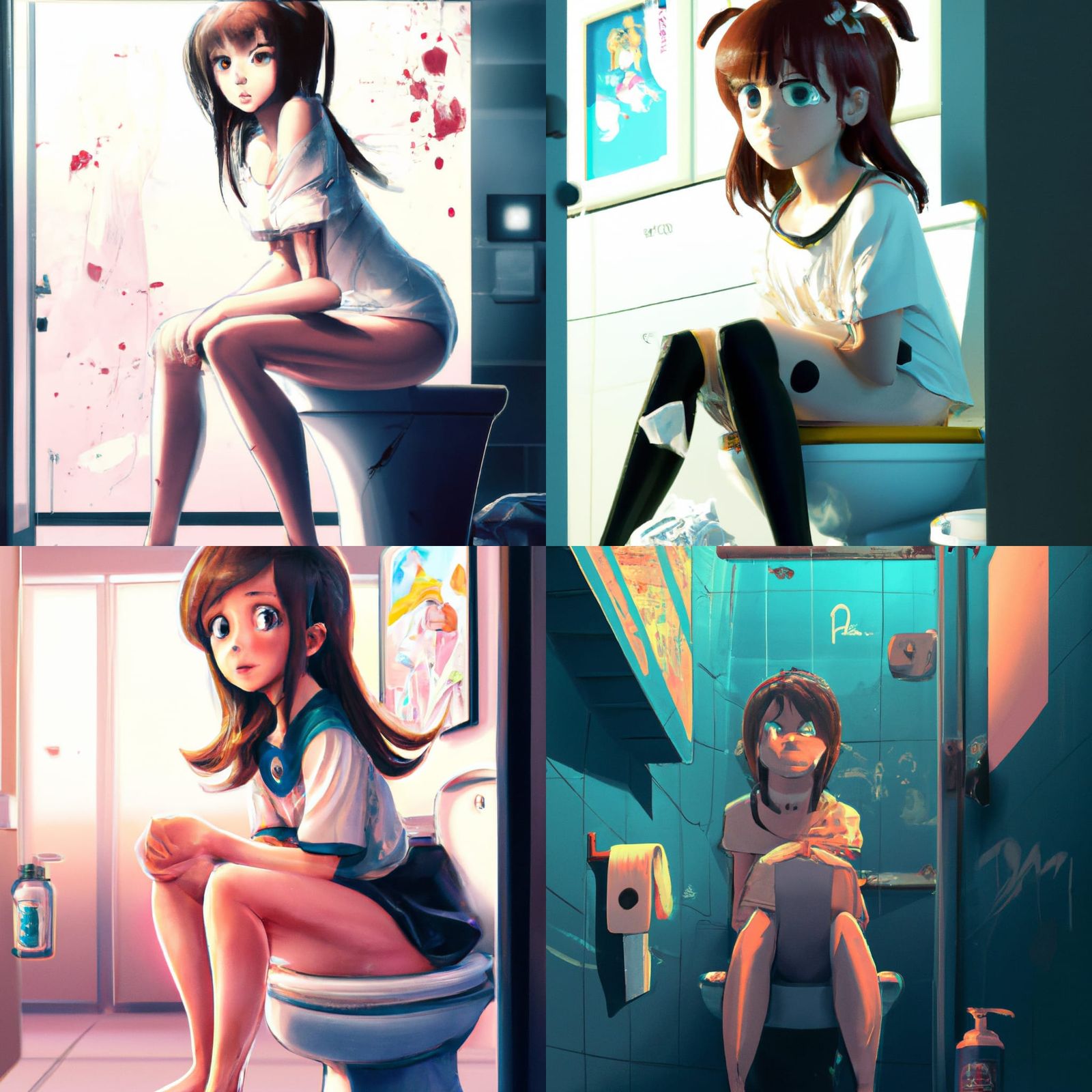 Anime Pregnant Girl on Toilet, Detailed Art