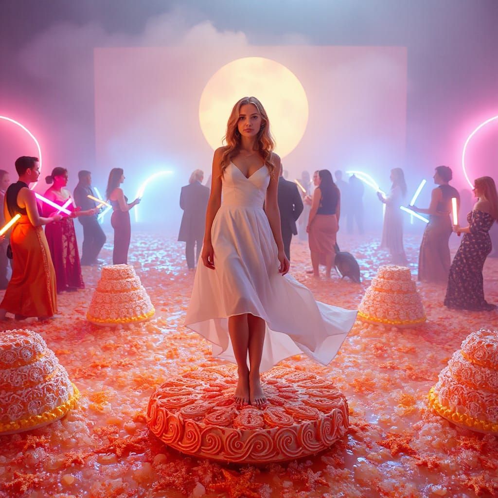 Woman on Cake Platform with Neon Lights and Soda Sea