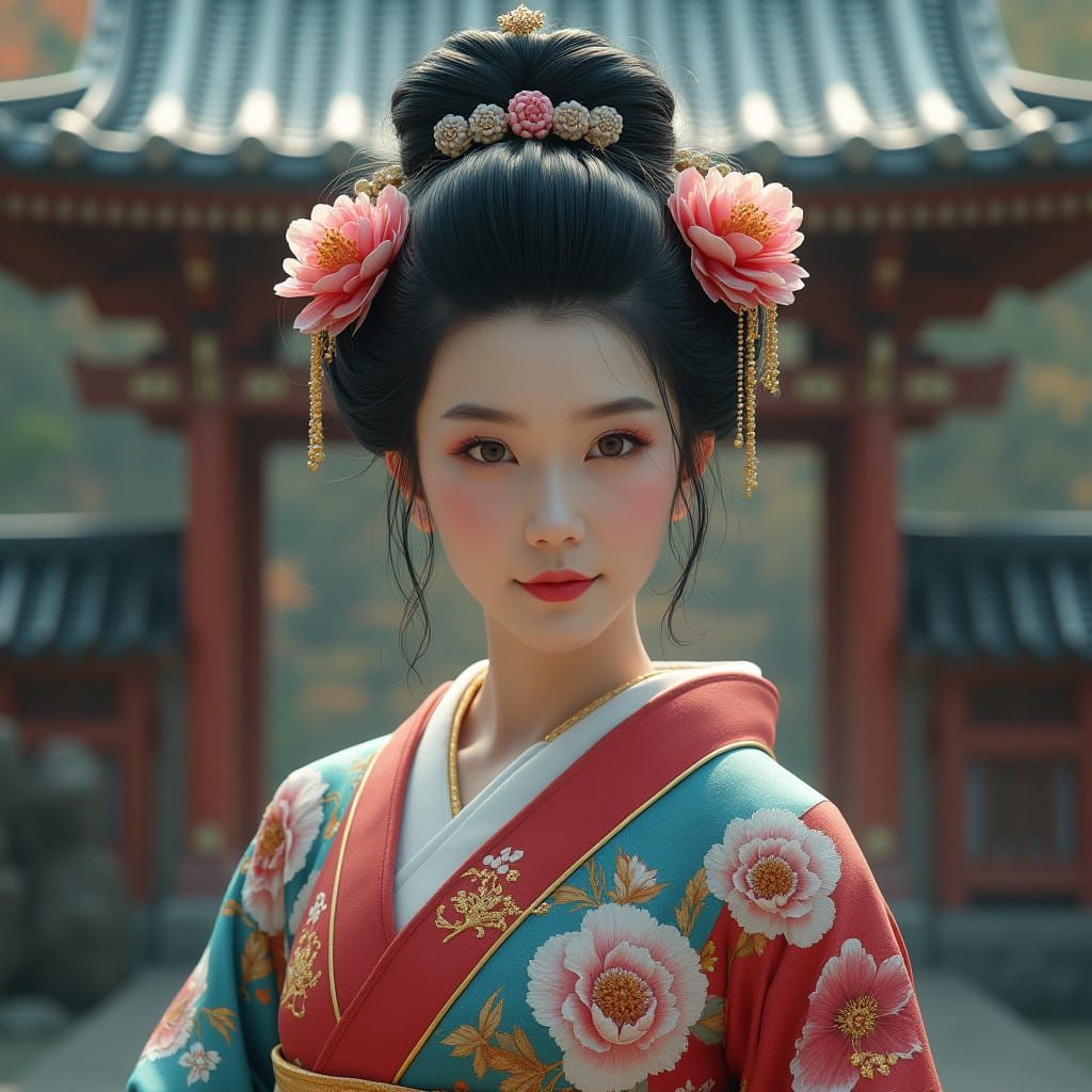 Edo Goddess of Immortality in Ruby Red Kimono