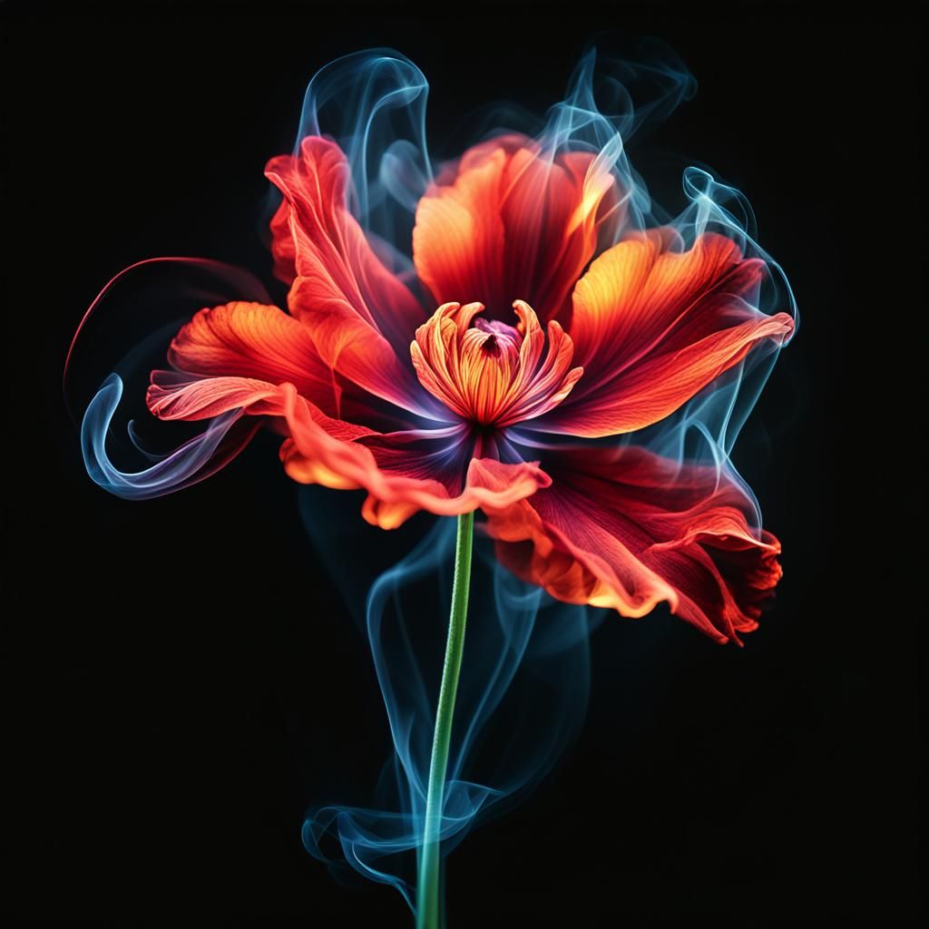 Abstract Smoke Flower with Glowing Flame in Photorealistic S...