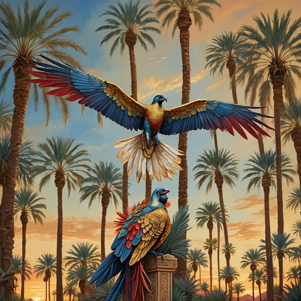 Mysterious Bird Soaring Above Desert Oasis