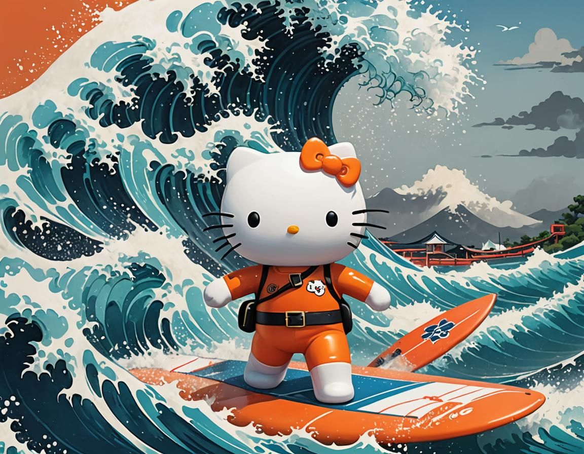 Hello Kitty Rides Hokusai Wave: Ukiyo-e Digital Art