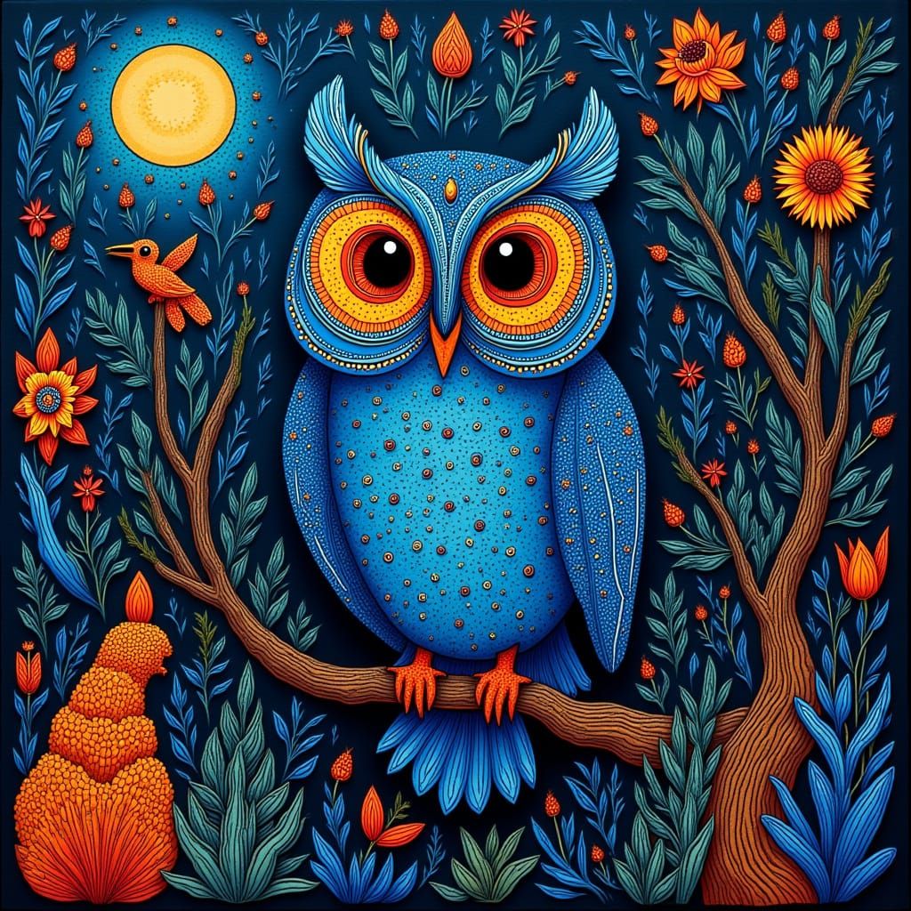 Electric Blue Owl in Moonlit Forest Folk Art