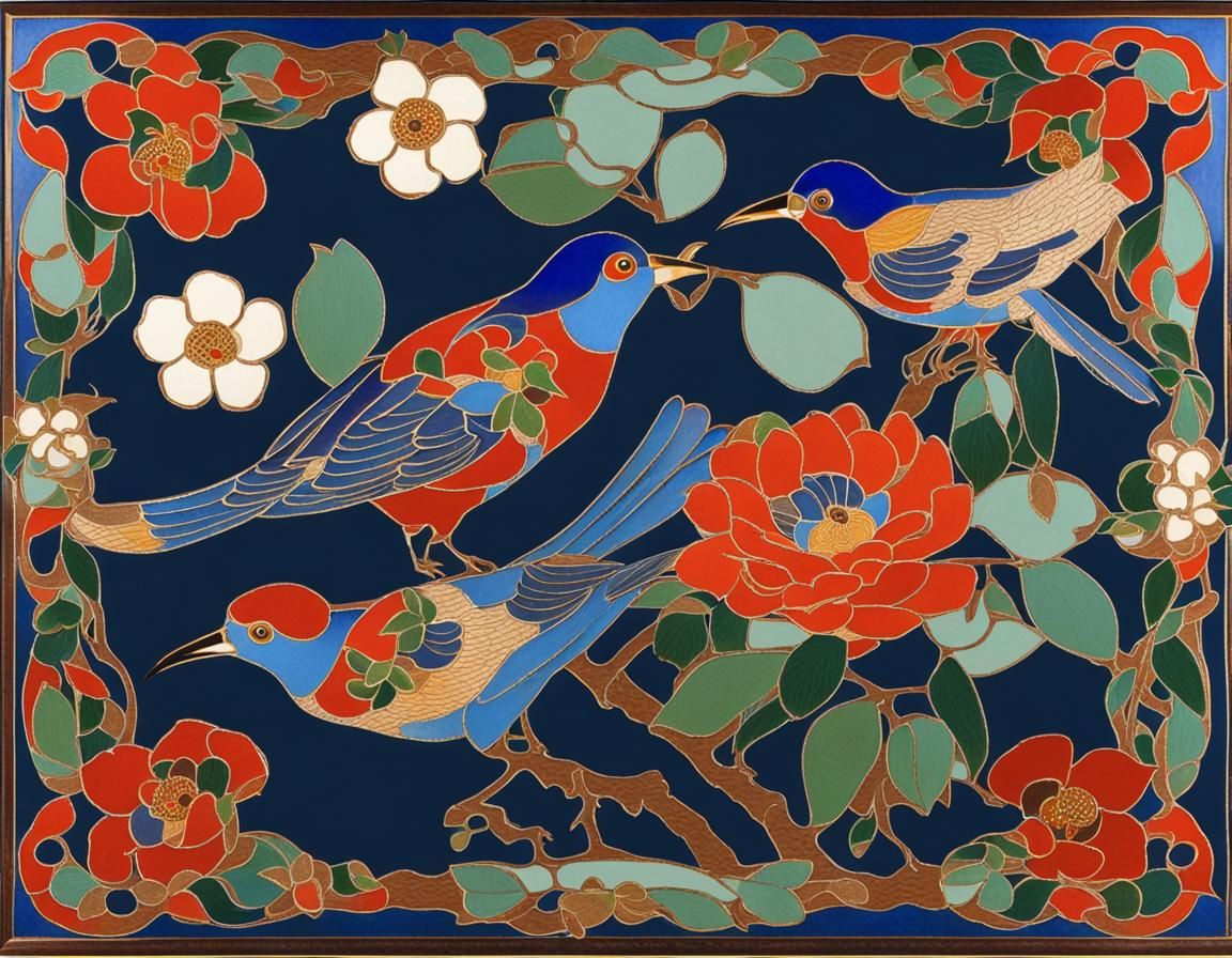 Birds and Flowers in Cloisonné Style