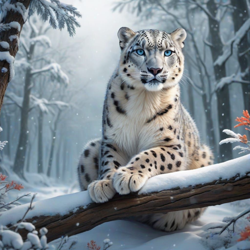 Whimsical Snow Leopard in Snowy Forest, in the Style of Pixi...