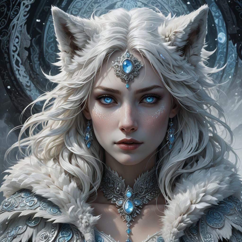 Icy Wolf Woman Portrait in Dark Fantasy Style