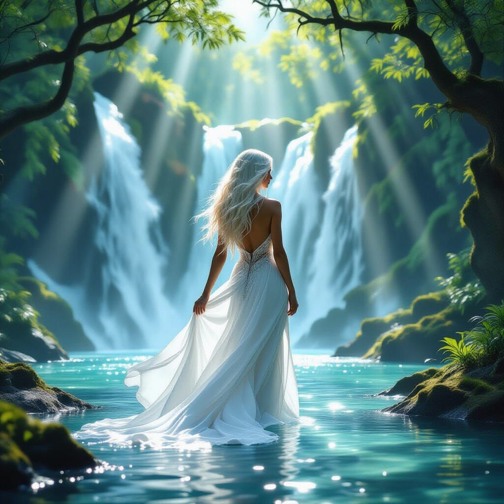 Enchanted Forest: Woman at Crystalline Waterfall