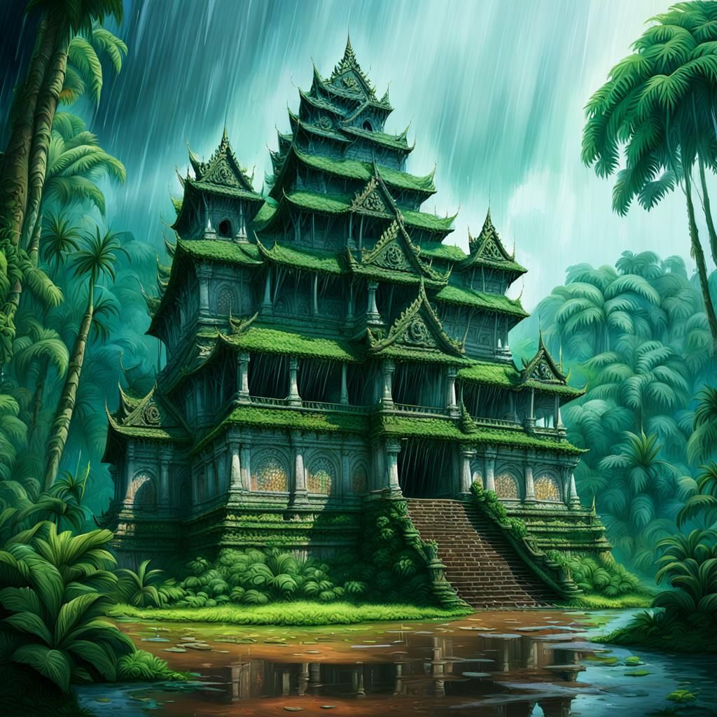 Hyperrealistic Khmer Castle in Rainforest: Splash Art