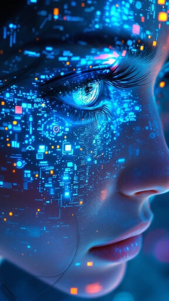 Sapphire-Eyed Cybernetic Visionary in Neon Dreamscape