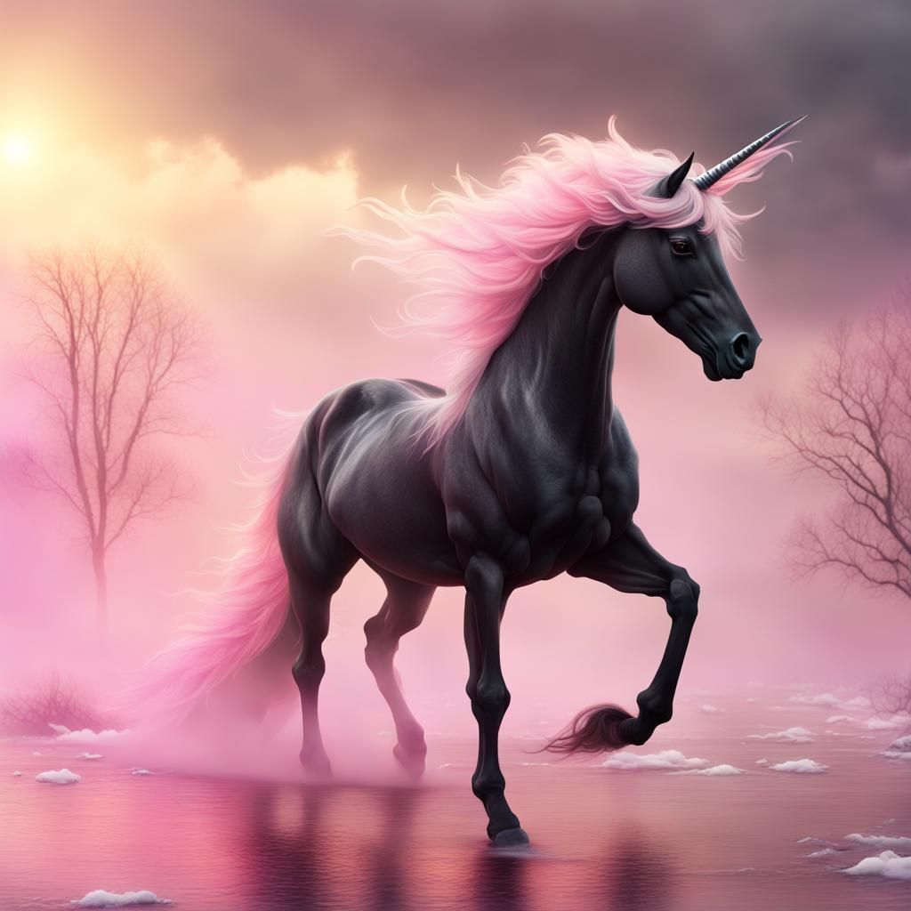 Black Pegasus and White Unicorn in Pink Fog
