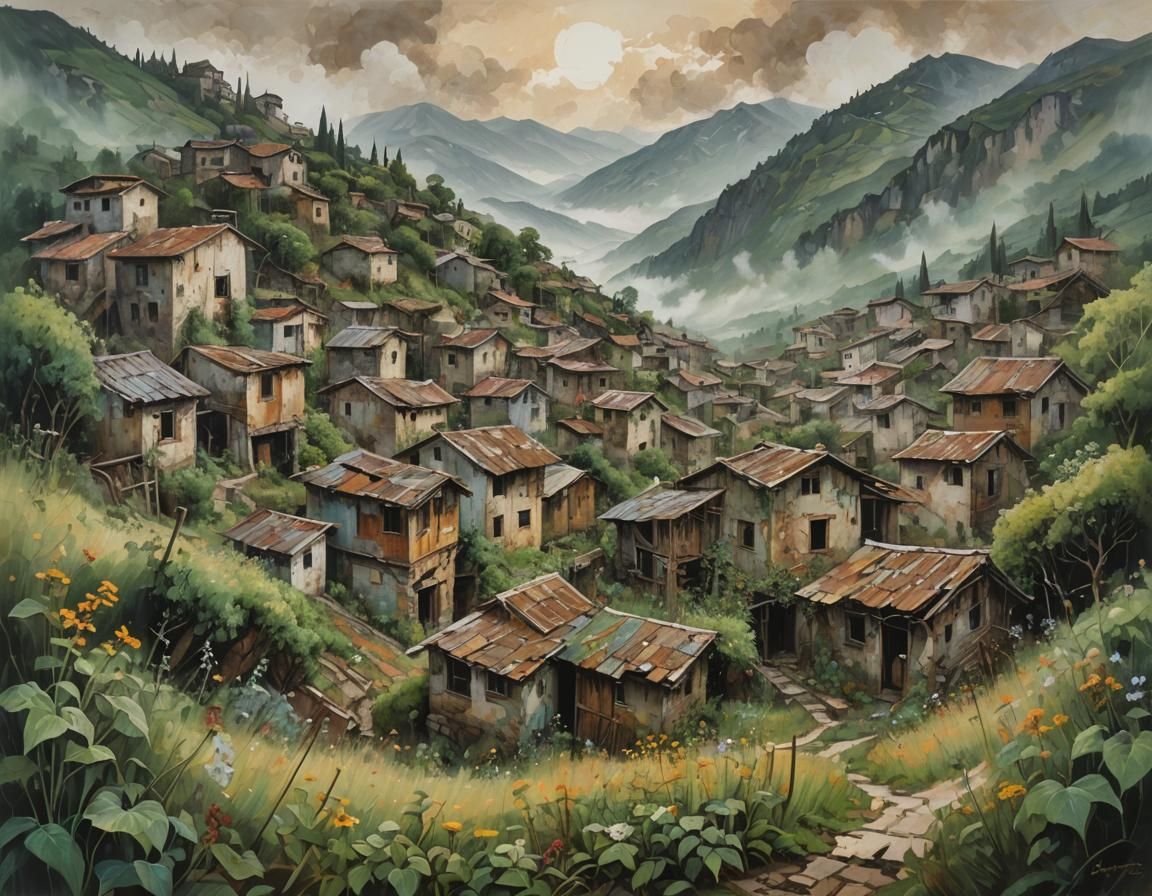 Abandoned Village as Neo-Expressionist Oil Painting