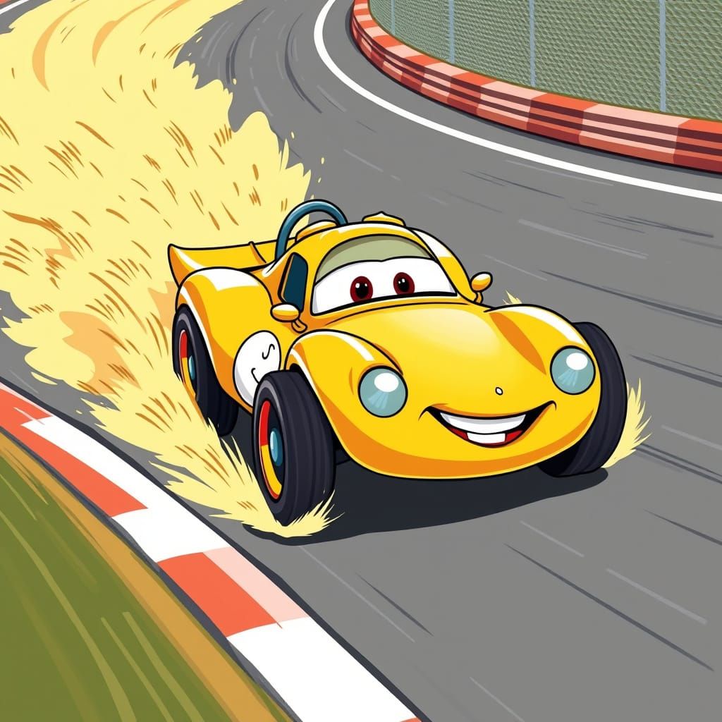 Yellow Race Car Zooming Around Track in Cartoon Style
