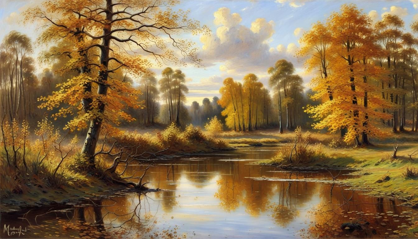 Autumn Pond Scene in Oil Paint Style