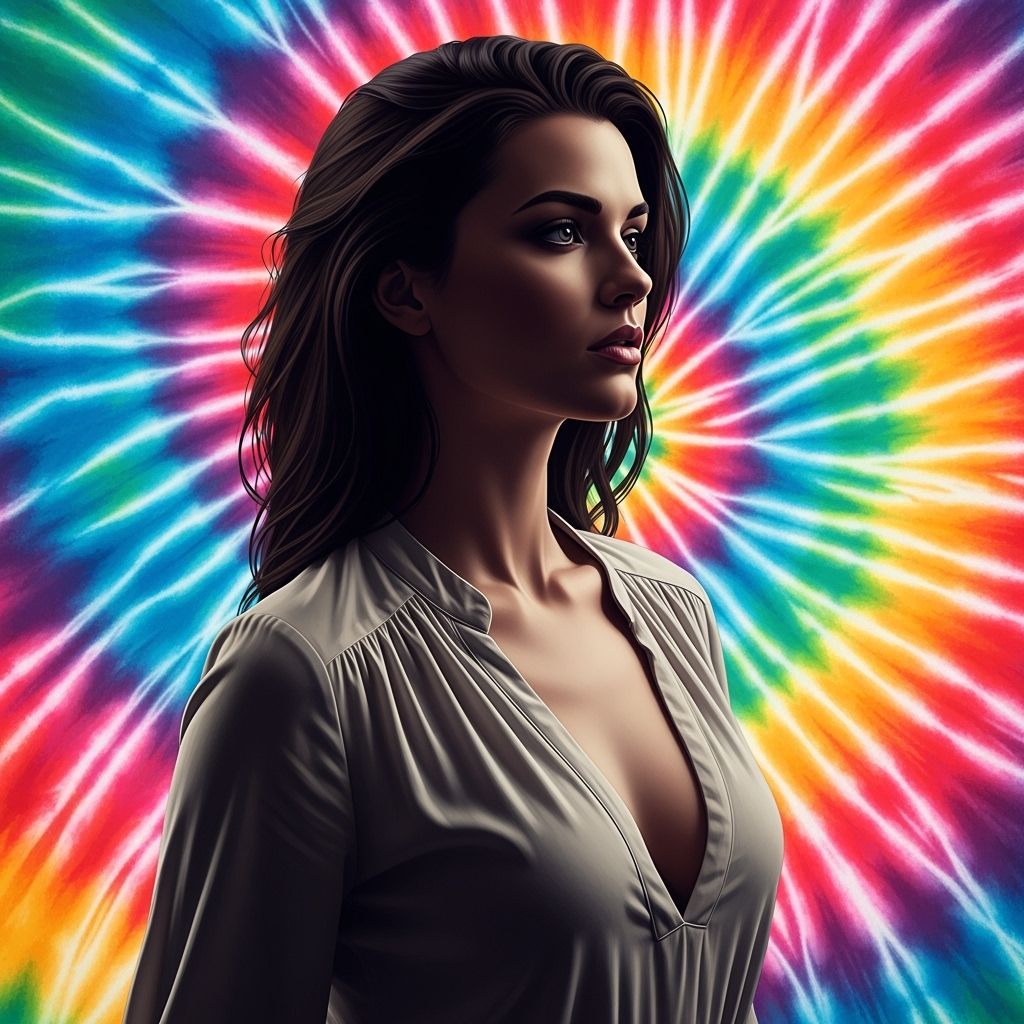 Brunette Woman in Tie-Dye Sky: Hyperrealistic Splash Art