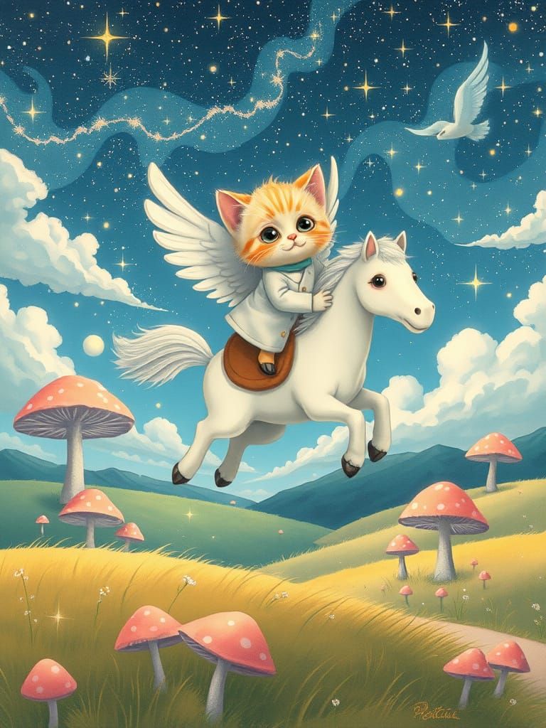 Whimsical Fantasy Scene with Winged Pegasus and Giant Mushro...