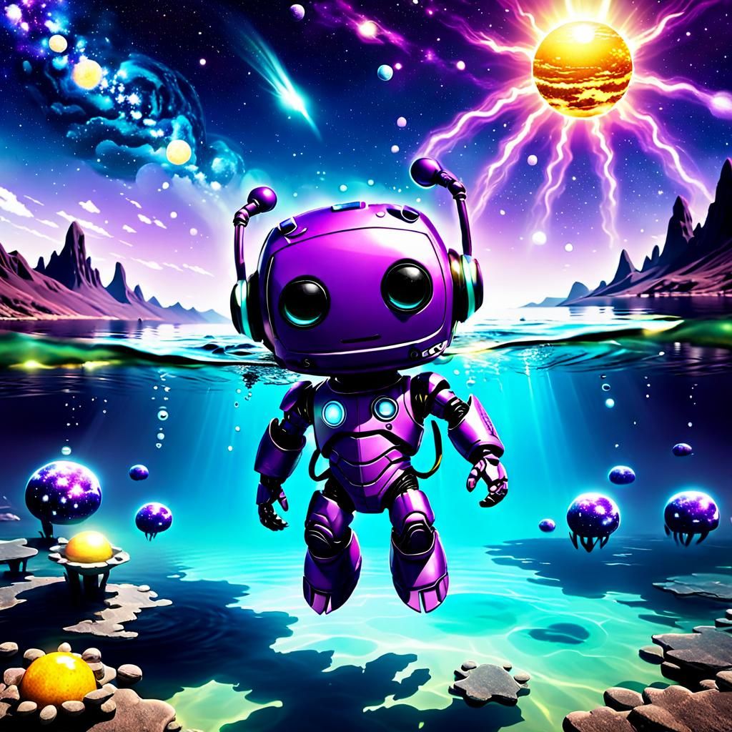 Purple Chibi Robot Swims in Alien Lake