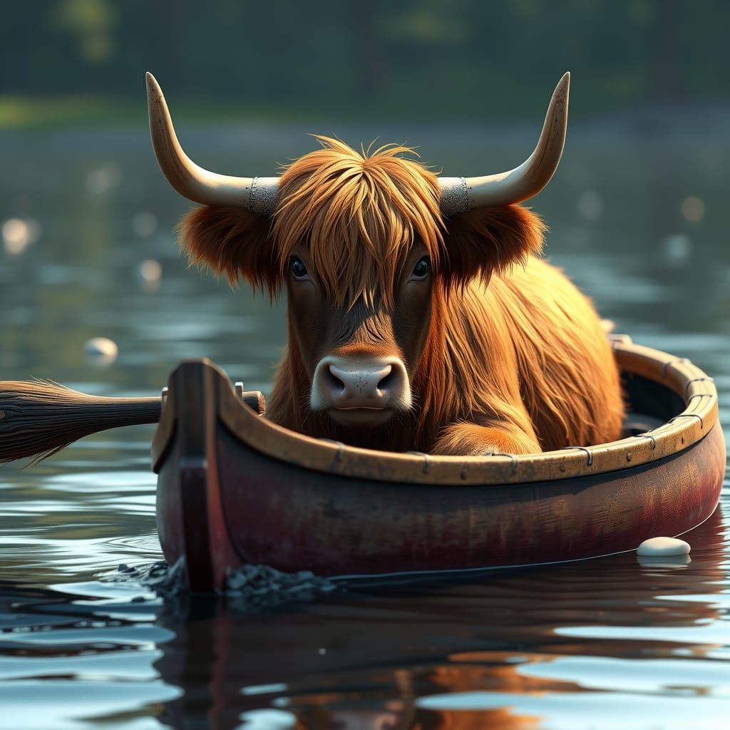 Anime-Inspired Highland Cow Paddles Through Serene Waters