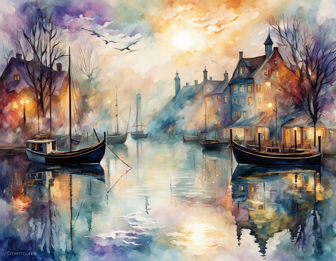 Ethereal Watercolor Ships in Harbor Dreamscape