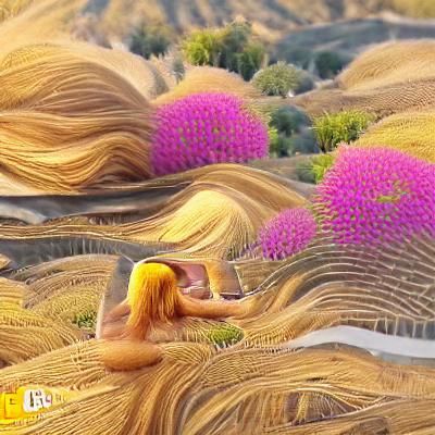 a beautiful woman combing her golden hair in landscape beaut...