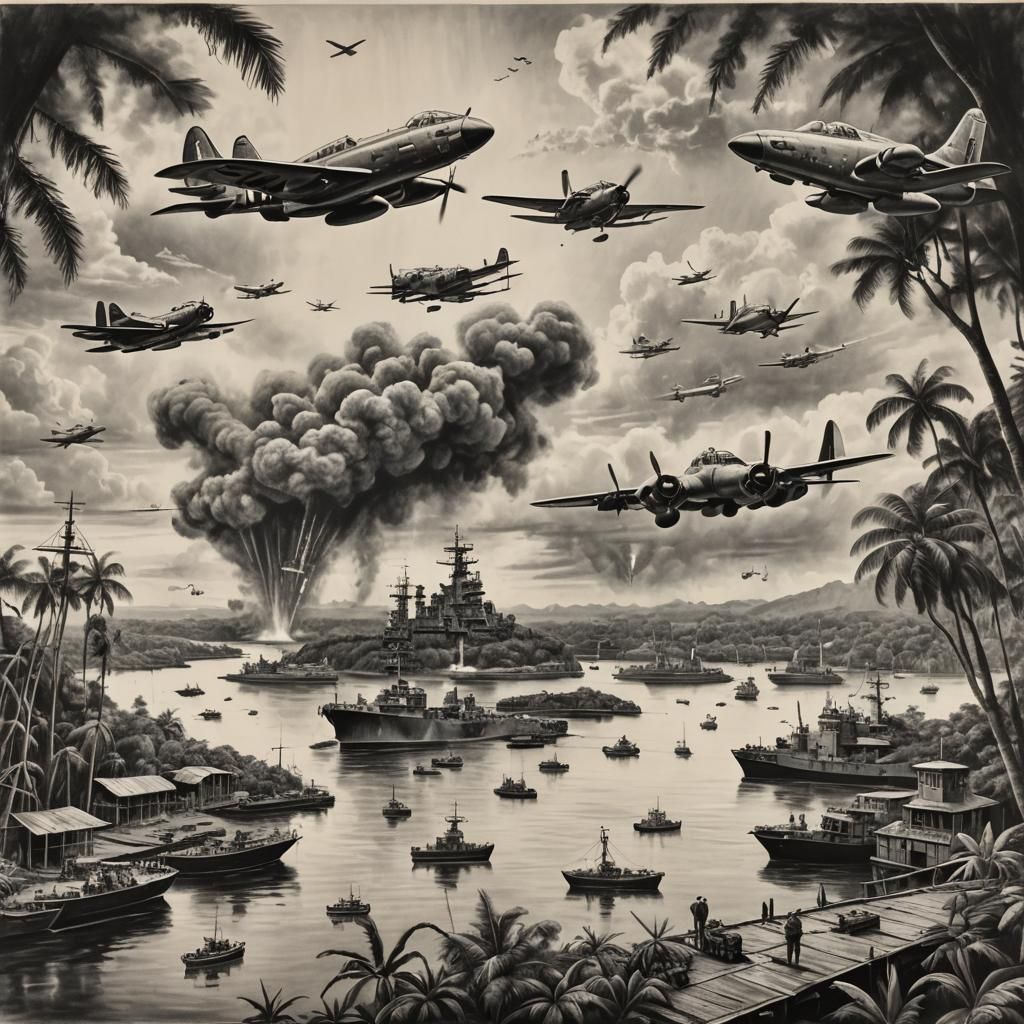 World War II Aerial Naval Battle in Charcoal